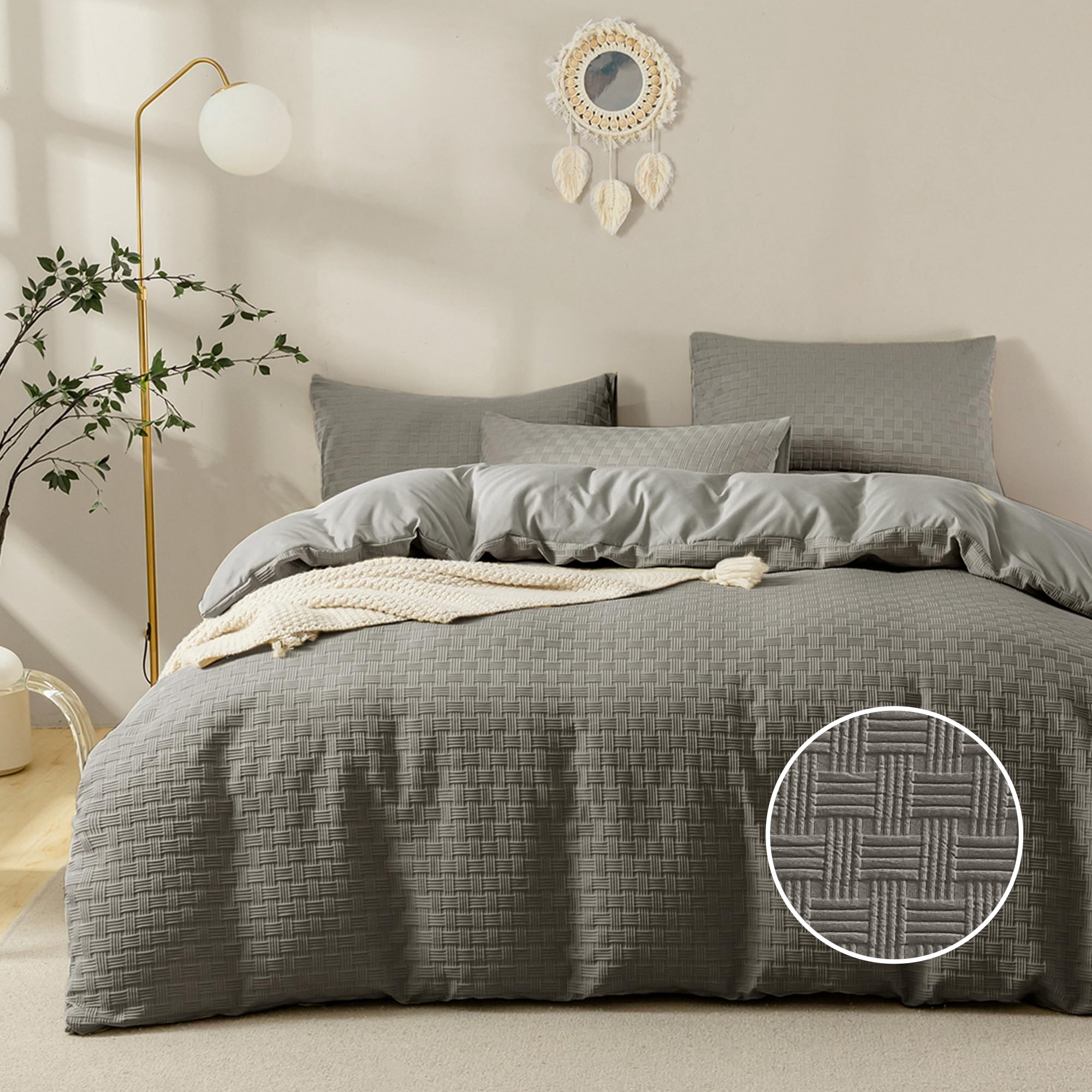 Photo 1 of ***DUVET COVER*********JELLYMONI Duvet Cover Queen Size Waffle Weave Duvet Cover Set Grey 3PCS Soft Polyester Tufted Textured Breathable Knitted Jacquard Striped Comforter Cover with Corner Ties & Zipper Closure