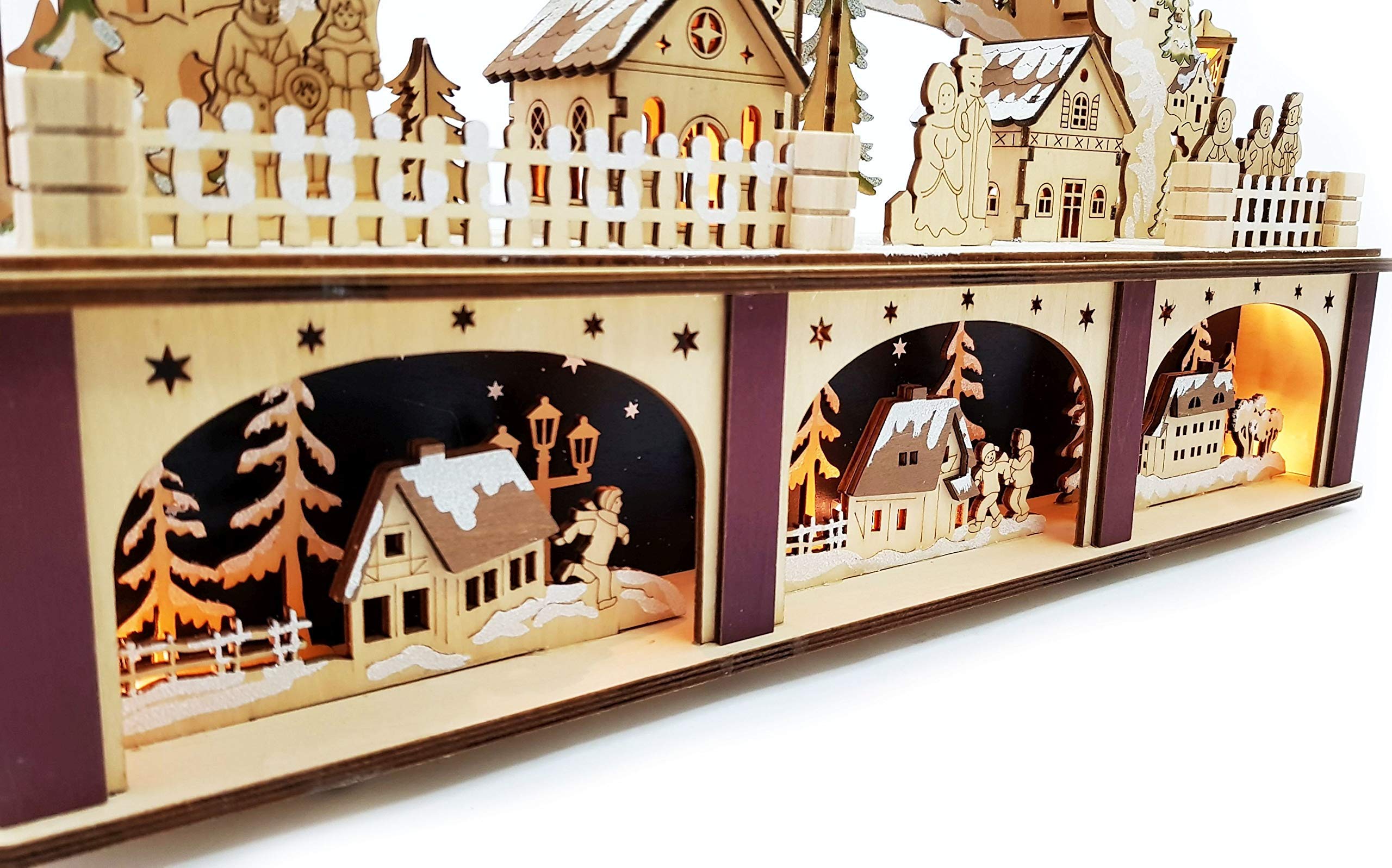Wichtelstube-Kollektion XL 3D LED Schwibbogen mit Podest Weihnachtsdorf Lichterbogen Schwippbogen Echtholz Weihnachtdeko Holzkunst Fenster 45cm Breite 3