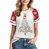 Christmas Shirts for Women: 2025 Fashion Color-Blocking Creativity Botany Cartoon Costumes Short Sleeve Printed Shirt