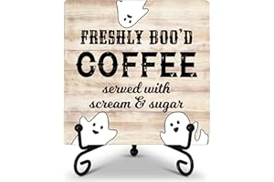 KFNER Halloween Desk Decor Sign, Halloween Decorations For Home Kitchen Farmhouse, Freshly Boo'd Coffee, Halloween Gifts For Family Friends, Ghost Wooden Plaque Sign With Iron Stand -22