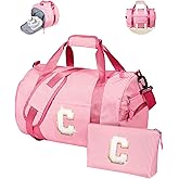 Vogewood Teen Girl Gifts Trendy Stuff, Girls Travel Duffle Bag, Kids Initial Overnight Bags with Shoe Compartment, Personalized Weekend Bag with Makeup Pouch, Pink Gift for Teenager (Letter C)