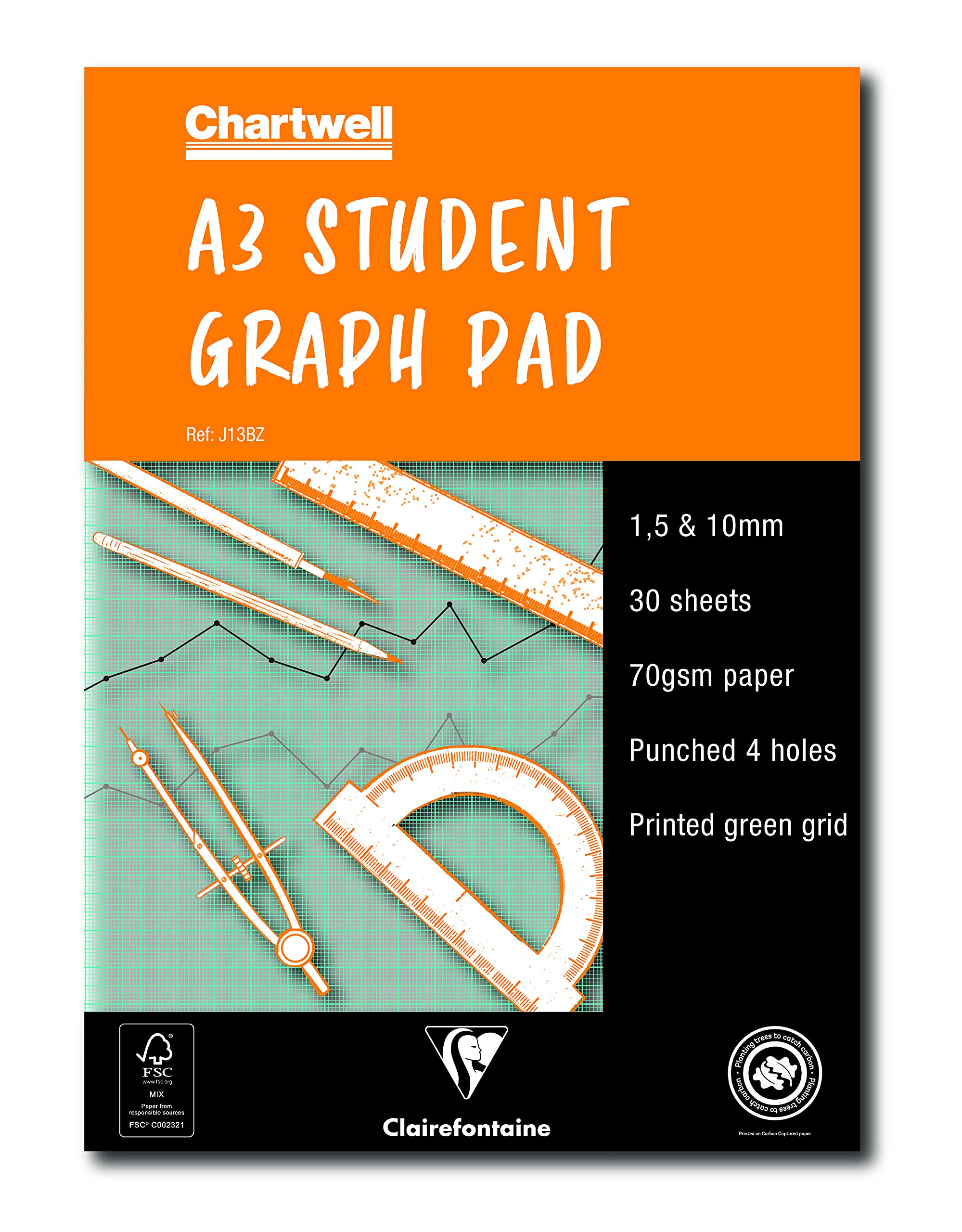 Clairefontaine - Ref J13BZ - Chartwell Graph Pad (Contains 30 Sheets) - A3 (420 x 297mm) Sized, 1, 5 & 10mm Square Rulings, 70gsm Punched Paper, FSC-Certified
