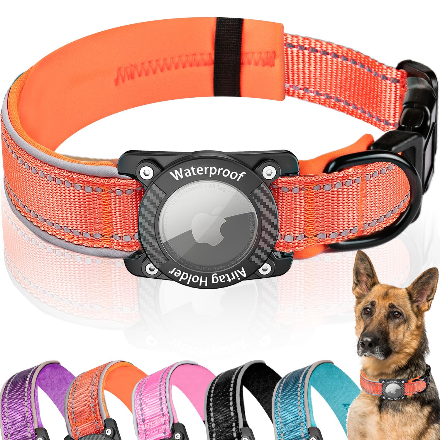 LZXLXS Upgraded AirTag Dog Collar with Waterproof Air tag Holder, Luminous Reflective Adjustable Comfortable Padded GPS Collars for Small Medium Large Dogs, Orange, M