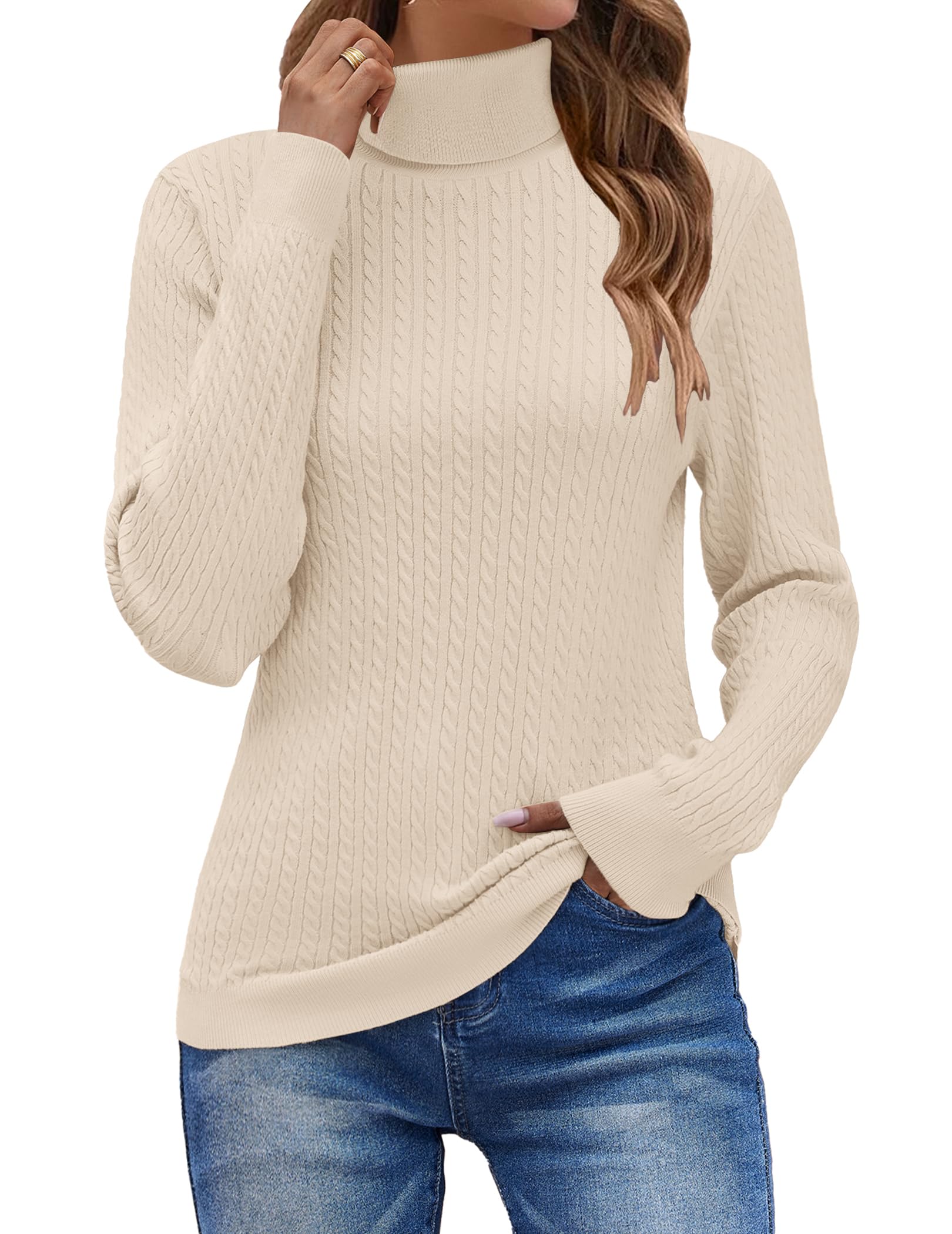 Zeagoo Turtleneck Sweater Women 2026 Fall Winter Cable Knit Long Sleeve Basic Tops Womens Fashion Beige Image