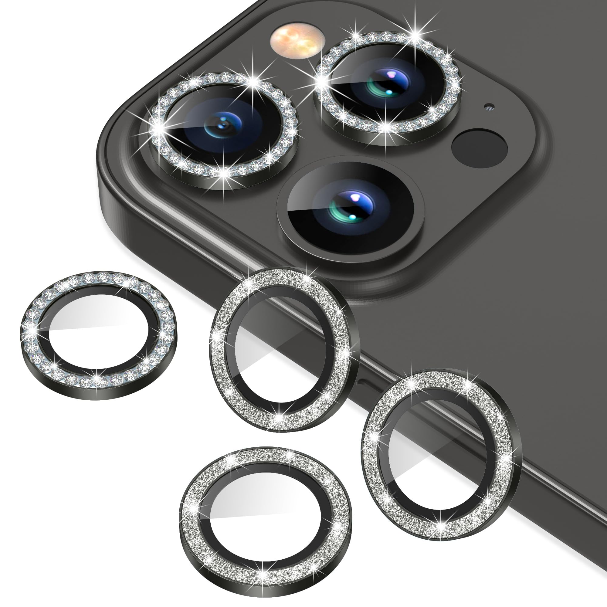 Photo 1 of AGVEE 3+3 6 Pack for iPhone 13 Pro 6.1" / 13 Pro Max 6.7" Camera Lens Cover Protector, Bling Diamond & Bling Glitter Metal Ring 9H Tempered HD Glass Camera Cover Protector Film, Bling-Black