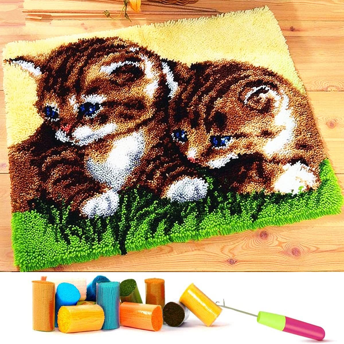 EMISTEM Latch Hook Kits for Adults - DIY Latch Hook Rug Kits for Kids, Crochet Kit for Beginners, Rug Making Kits with Printed Canvas, Gift Packaging. (Two Grass Cats, 16x21 inch)