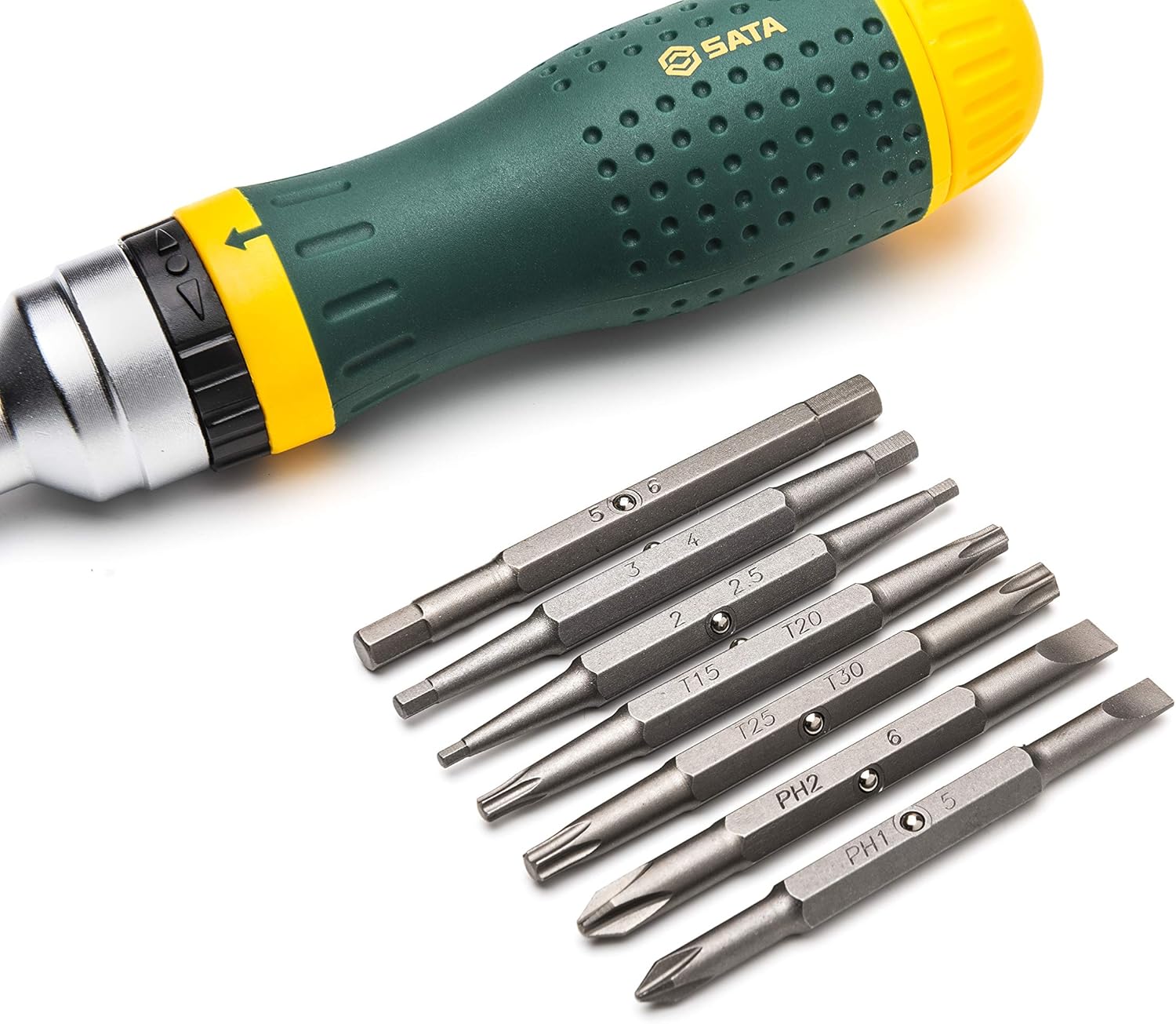 SATA 19-in-1 Multipurpose Ratcheting Screwdriver Set with 8 Double-Sided Bits and a Green and Yellow Oil-Resistant Handle - ST09350, 19 Piece - - 