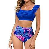 Arolina Womens High Waisted Bikini Sets Full Coverage Ruffle Swimsuits Two Piece Tummy Control Cheeky Bathing Suit