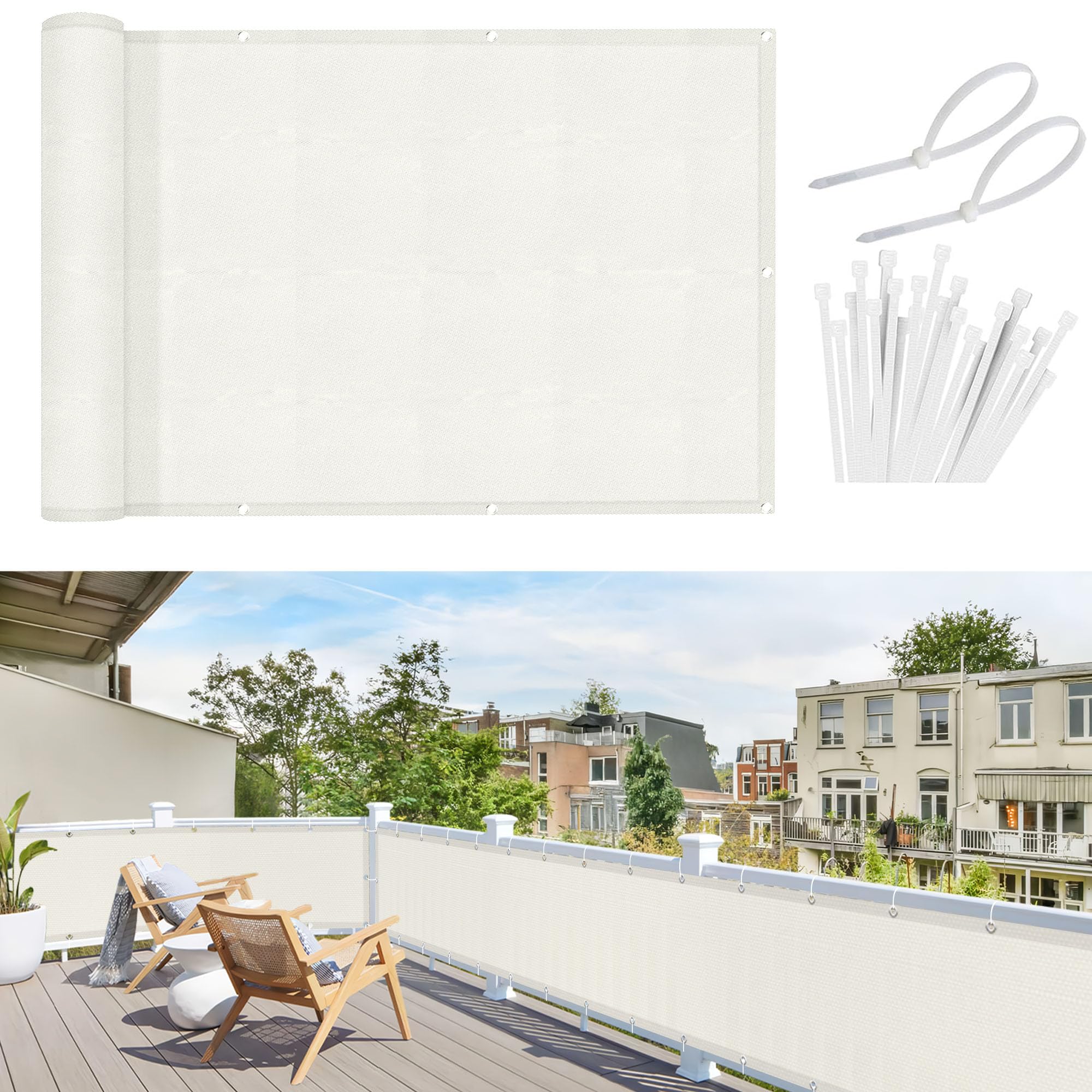 Sunnylaxx Balcony Privacy Screen 80x200 cm Fence Screen for Balcony and Patio,Balcony Cover, PES(170g/㎡) Water-Repellent Wind Protection,with Rope and Aluminium Eyelets Cream