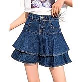 Dqbeng Women's Pleated Denim Mini Skirt Casual A-Line Short Jean Skater Skirts with Pockets