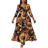FANDEE Plus Size Maxi Dress for Women Summer, Casual 3/4 Sleeve V Neck Floral Flowy Long Dresses with Belt Pockets, XL- 5XL