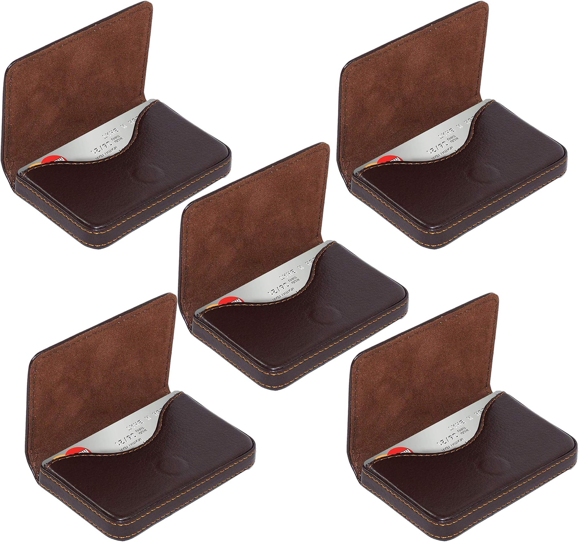 NISUN 5 Pack Pocket Sized Stitched PU Leather Credit Debit Business Card Holder Case Wallet for Men & Women (Brown, 100 X 60 X 16mm)