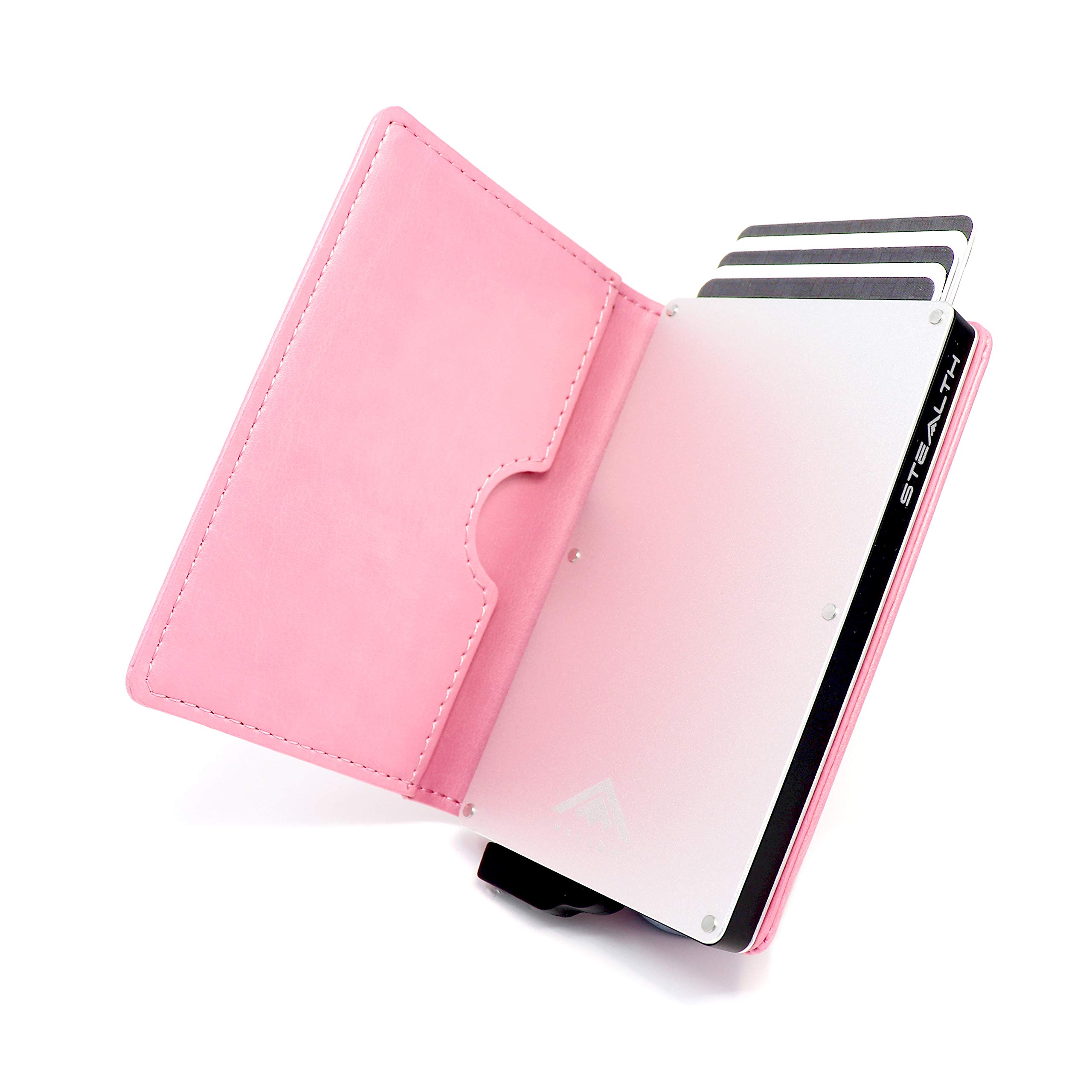 Stealth Wallet - Smart Minimalist Cards Holder – RFID/NFC Blocking Pop Up Wallets & Gift Box - Slim Lightweight Metal Credit Card Holders & Contactless Protecto (Silver Aluminium with Pink Leather)