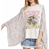 Womens Vintage Western Graphic Patchwork Sleeve Top