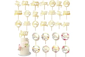 DRWATE 32 PCS Gold Happy Birthday Cake Toppers Flower Acrylic Birthday Cake Topper Cake Pick Decorations for Birthday Party Cake Desserts Pastries (Gold)