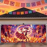 Lovarywow Day of the Dead Garage Door Cover 7x16Ft Dia De Los Muertos Decor | Dia de los Muertos Door Banner, Rope and Grommet Easy Mount, High Quality, Sugar Skull Theme, Festive Home Decor