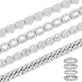 JUNVirtuous Tennis Bracelets for Women,4PCS Diamond Chain Heart & Round & square & Cuban Bracelets Set Iced Out Miami Hip Hop Jewelry