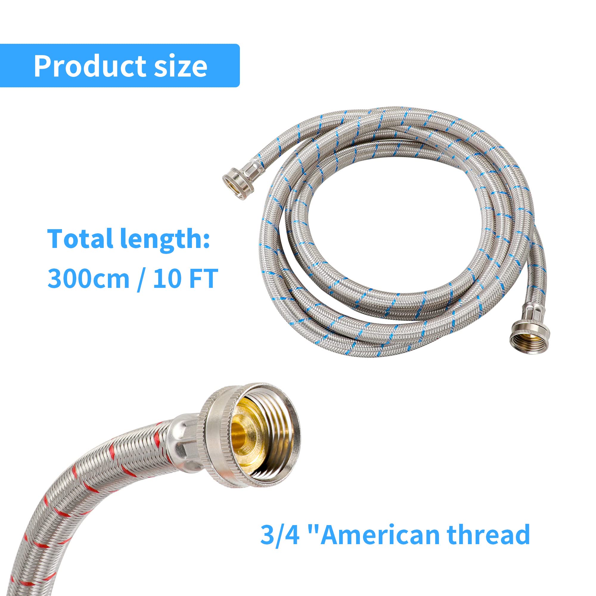 2 Pack 10 FT Stainless Steel Washing Machine Inlet Hose, Hot and Cold Water Washer Supply Hoses,3/4