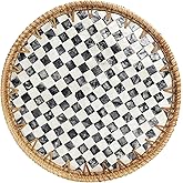 Round Rattan Tray with Mother of Pearl Inlay, Decorative Serving Tray with Wooden Base, Woven Wicker Tray for Coffee, Bread, Fruits, Home Decor(Black Checkerboard, 11.8")