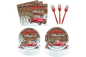 AYSIMPLE 96 Pieces Rustic Wood Merry Christmas Truck Party Decorations Supplies Retro Classic Xmas Party Tableware Set Happy Holiday Party Dessert Plates Napkins Forks for 24 Guests