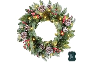 MINETOM 24 Inch Prelit Christmas Wreath, Artificial Christmas Wreath for Front Door with LED Lights, Pine Cones, Pine Needles, and Red Berries, Reef for Door Window Mantel Indoor/Outdoor Home Decoration