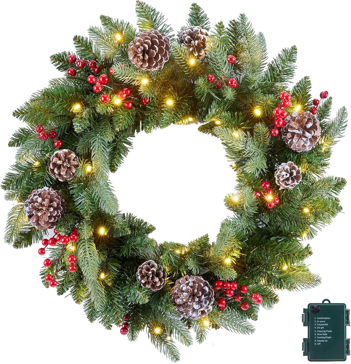 Photo 1 of 24 Inch Prelit Christmas Wreath, Artificial Christmas Wreath for Front Door with LED Lights, Pine Cones, Pine Needles, and Red Berries, Reef for Door Window Mantel Indoor/Outdoor Home Decoration