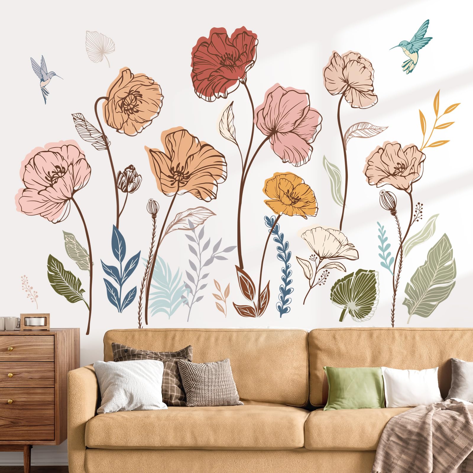 wondever Boho Flower Wall Stickers Floral Leaves Grass Peel and Stick Wall Art Decals for Living Room Bedroom TV Wall