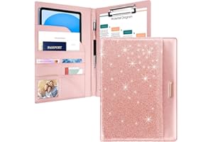 Glitter Pink Padfolio/Resume Portfolio Folder for Women Girls, WAVEYU Cute Chic Padfolio Cover Folder, Conference/Legal Document Organizer with Letter/A4 Size Clipboard, Document Sleeve, Rose Gold