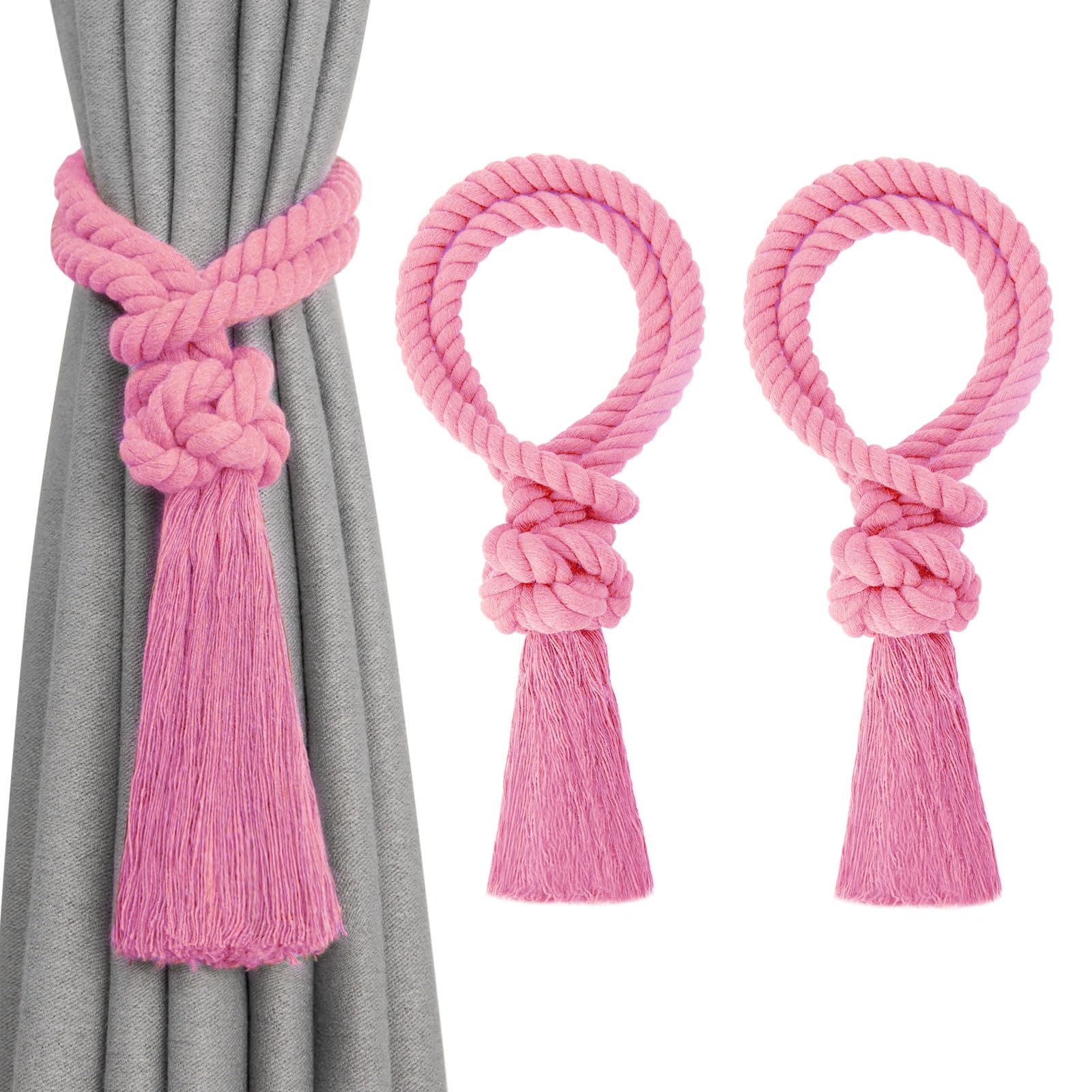 Pretty Jolly 2 Pack Natural Cotton Rope Tassel Curtain Tiebacks Boho Home Decor Drape Tie Backs Hand Woven Ball Curtain Holdbacks for Thin & Thick Home & Office Window Draperies (Pink)