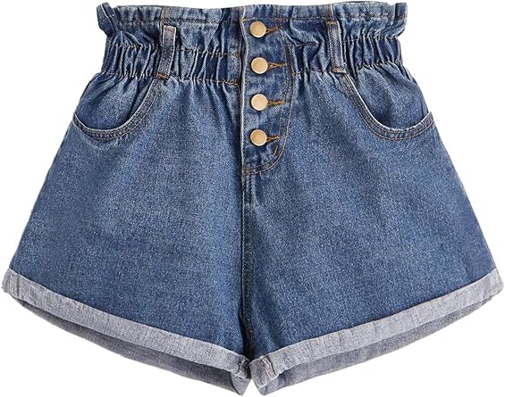 elastic waist rolled hem denim shorts
