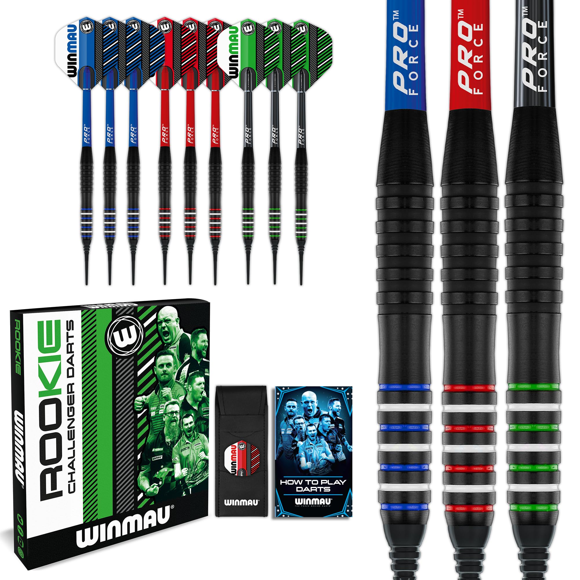 WINMAU Rookie Multi Softip (Plastic Tips) Brass Darts Set | Single or Multi Sets | Includes Flights and Shafts (Stems) | Exclusive Darts Booklet | Blue, Red and Green |