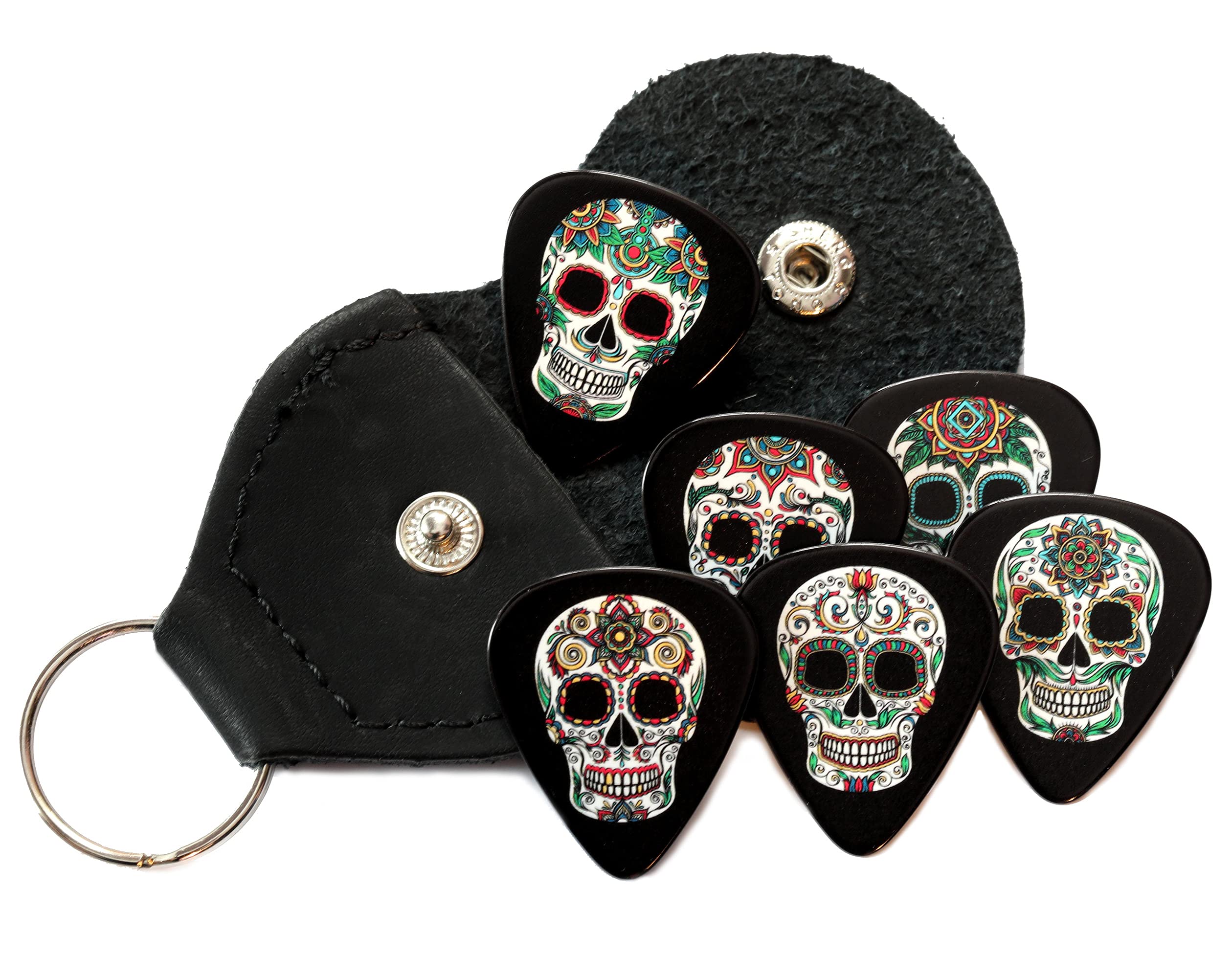 6 Black Sugar Skull Guitar Picks With Plectrum Holder Keyring