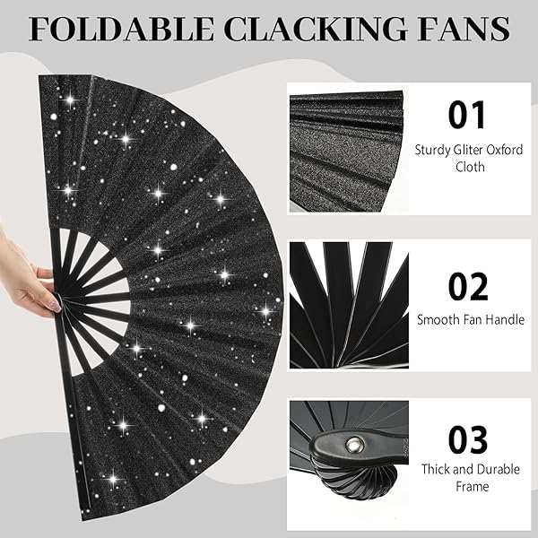 ATTRACME 8 PCS LARGE GLITTER FOLDING FANS BULK WITH SLEEVES FOR LINE DANCING, 13-INCH GLITTERY BLACK CLACKING FAN POPPING FANS, LINE DANCE RETRO FOLD FAN FOR FESTIVALS, PARTIES-BLACK