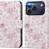 DEENAKIN for iPhone 17 Pro Wallet Case with Card Holder + Cash Clip, RFID-Blocking, Military-Grade Drop Protection, Magnetic Closure with Leather Kickstand - Blooming Pink Roses
