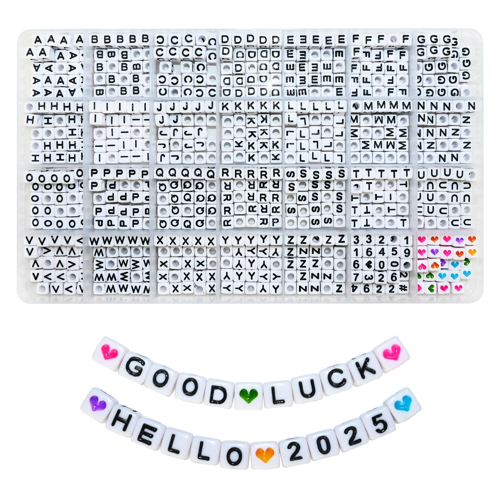 Photo 1 of Looconi 840pcs White Letter Beads 6x6mm Square Acrylic Number and Heart Beads for Jewelry Making Bracelets Necklaces Key Chains