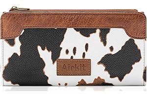 Airkit Cow Print Wallets for Women Bifold Credit Card Holder, Rfid Blocking, ID Window, Western Slim Wallet with Zipper Coin Pocket for Ladies, Cow Brown