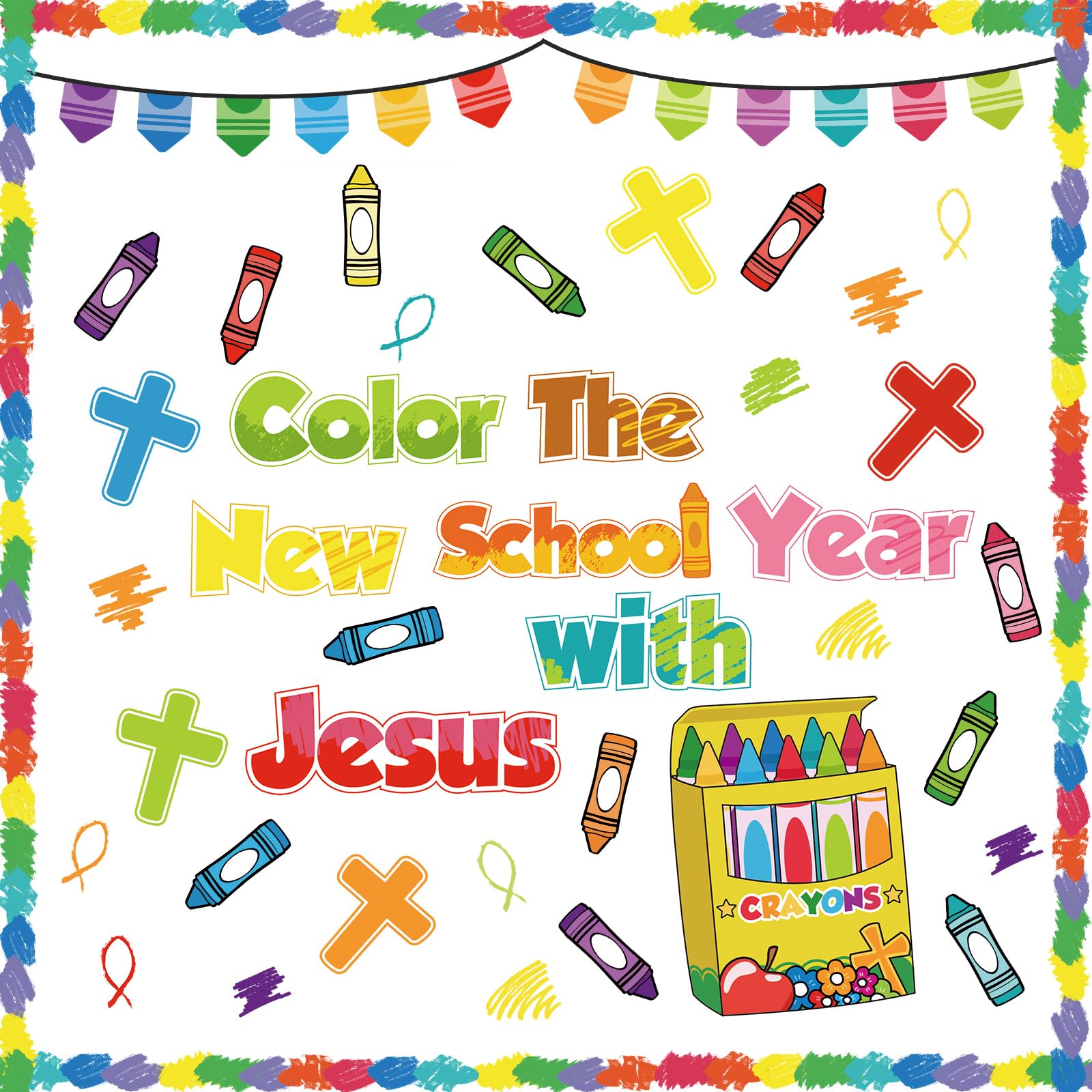 Photo 1 of Mooliwe Christian Bulletin Board Decorations Sets Classroom Bulletin Borders Trims Colorful Crayons Cross Paper Cutout Faith Religious Back to School Chalk Board Decor Color The School Year