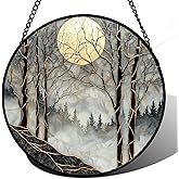 AMDERVEN Stained Glass Window Hanging - Black and White Gold Moon Forest Sun Catcher for Door Home Decor Suncatcher Christmas Mother's Day Birthday Gifts for Women Men Lovers Mom Nana 7.8 in