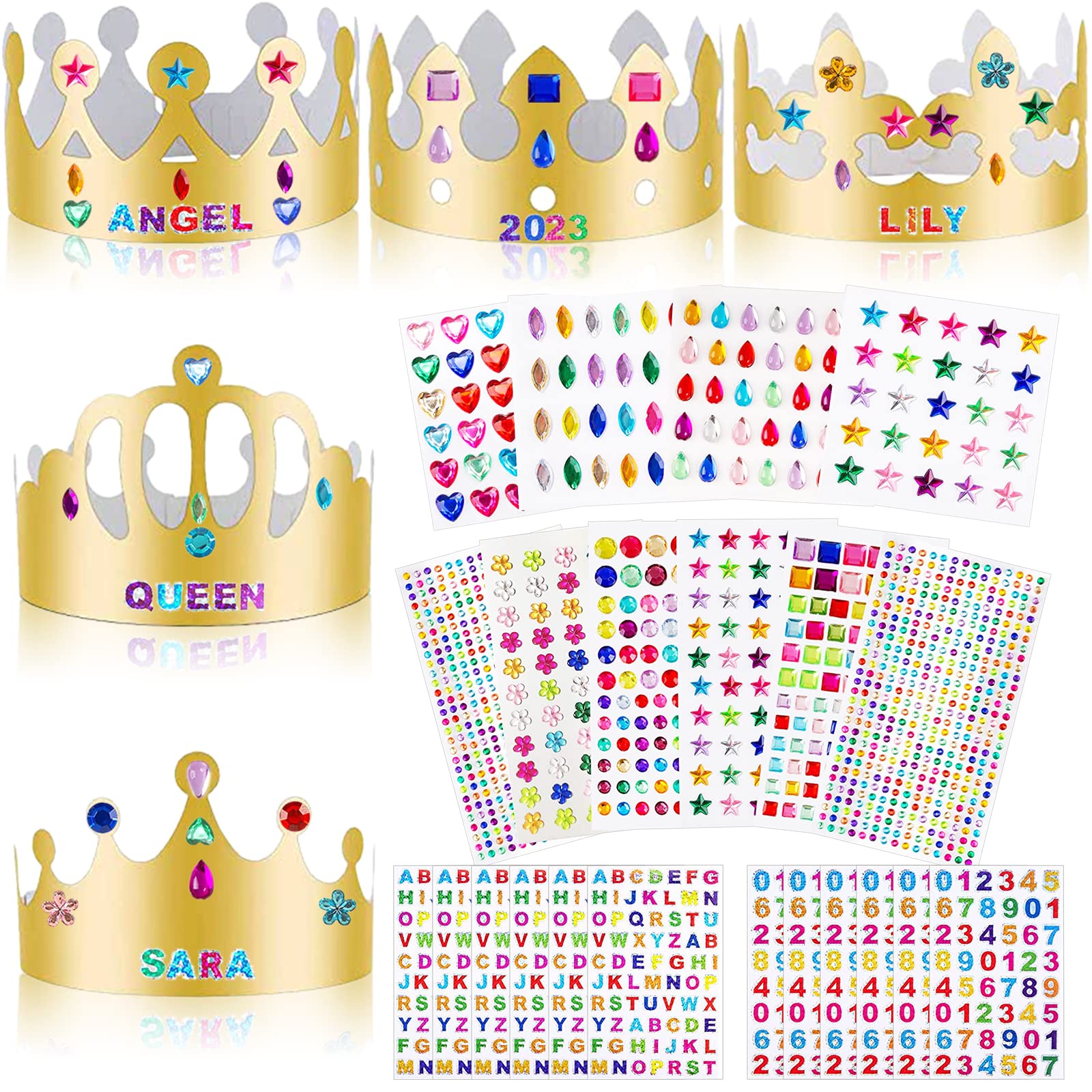 ZYNERY 25 Gold Paper Party Hats with Rhinestone & Number Letter Stickers, DIY Crowns for Kids & Adults Birthday Party