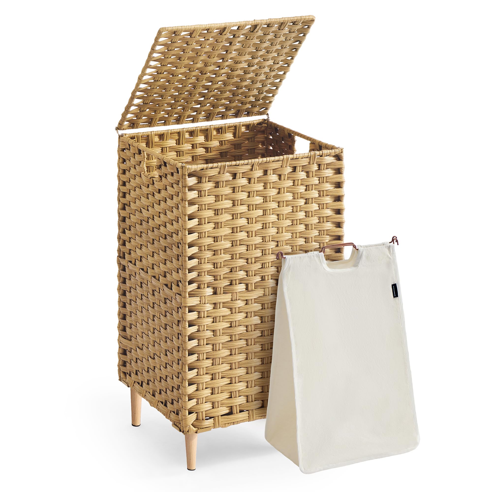 SONGMICS Laundry Hamper with Lid, 25 Gal (95L) PE Rattan Laundry Basket with Removable Washable Liners, for Bedroom & Living Room, Goose Yellow ULCB221YE01