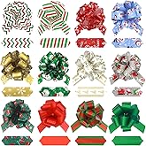 Festizzy 12 PCS Christmas Bows for Gift Wrapping 5" Easy & Fast Christmas Pull Bows with Ribbon Warp, Gift Wrapping Supplies for Baskets & Presents, Wine Bottles Decoration, Bouquet