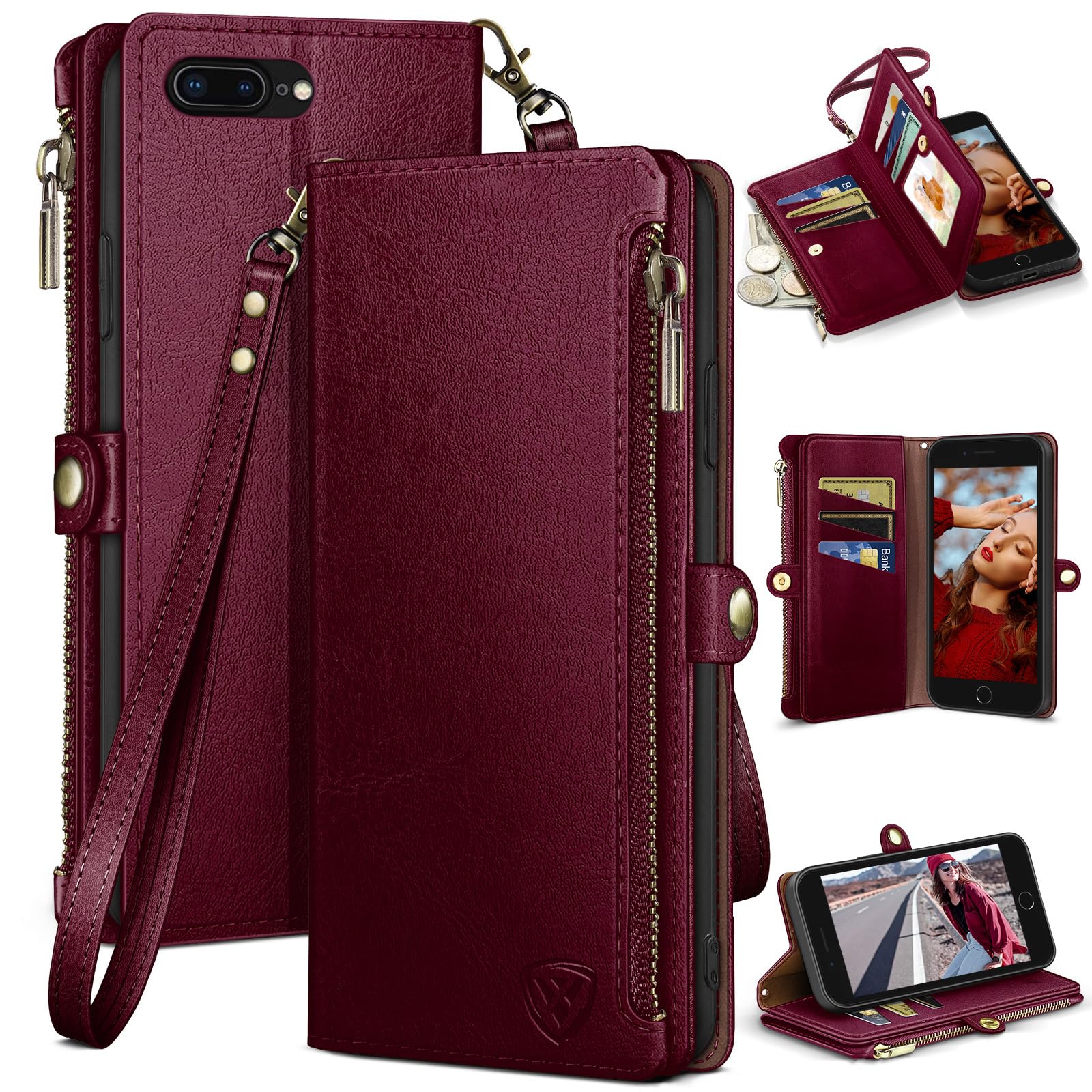 Photo 1 of XcaseBar for iPhone 7Plus/8 Plus 5.5" Wallet case with Zipper Credit Card Holder?RFID Blocking?, Flip Folio Book PU Leather Phone case Shockproof Cover Women Men for Apple 7 Plus case Wine Red
