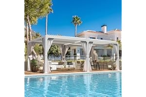 EROMMY 10x20FT Louvered Pergola Outdoor Sun Shade Shelter with Aluminum Frame and Adjustable Metal Rainproof Roof for Garden & Patio, Curtains and Netting Included, White…