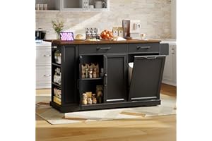 RALGEND Kitchen Island with Power Outlet & Drop Leaf, Rolling Storage Cart with Trash Storage Cabinet, Farmhouse Mobile Islan