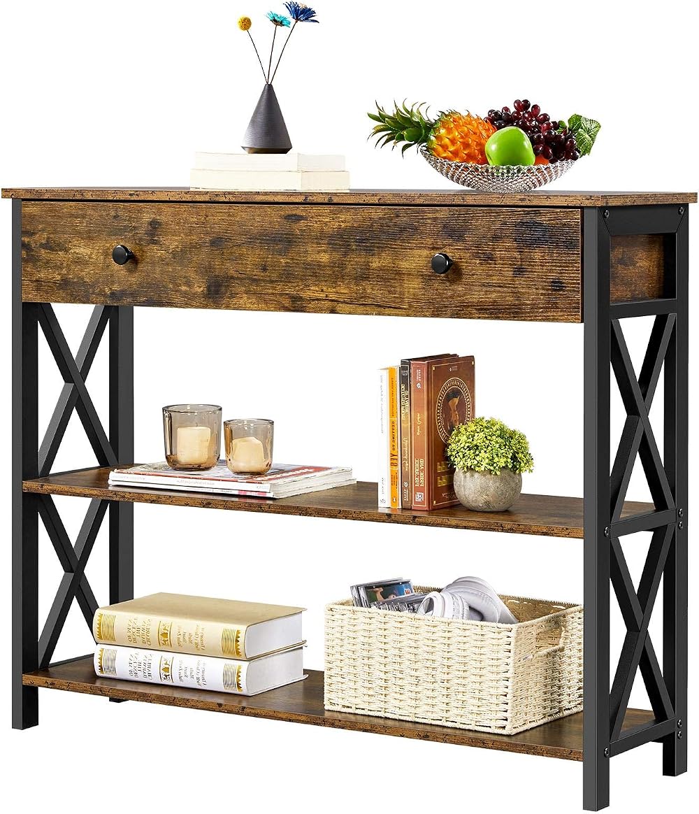Yaheetech Industrial Console Table with Drawer 3-Tier Rustic Brown 100x29.5x81cm