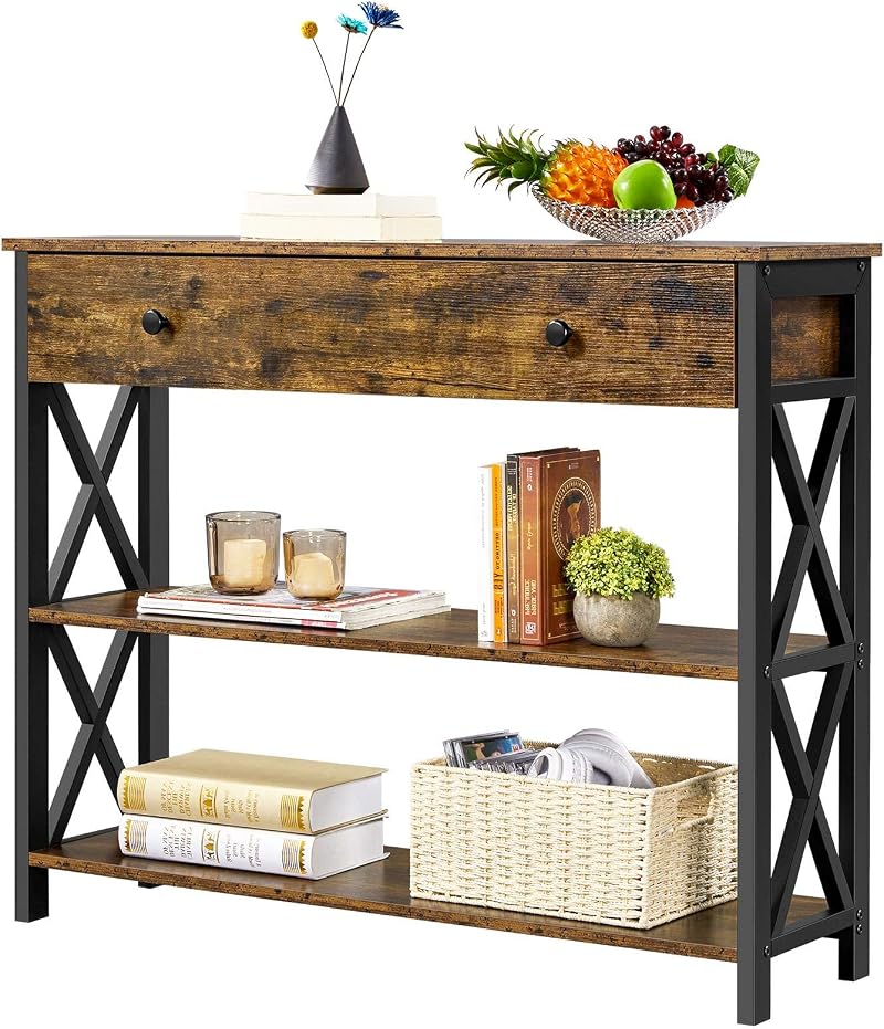 Yaheetech Industrial Console Table with Drawer 3-Tier Rustic Brown 100x29.5x81cm