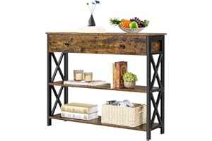 Yaheetech Console Table with Drawer, Entryway Table with 3 Tier Storage Shelves, Narrow Long Sofa Tables for Entryway, Living Room, Hallway, Couch, Kitchen, Metal Frame, Rustic Brown