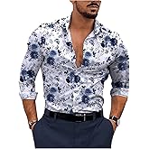 VIPWOLF Men's Floral Dress Shirts Flower Graphic Collared Long Sleeve Button Down Shirt