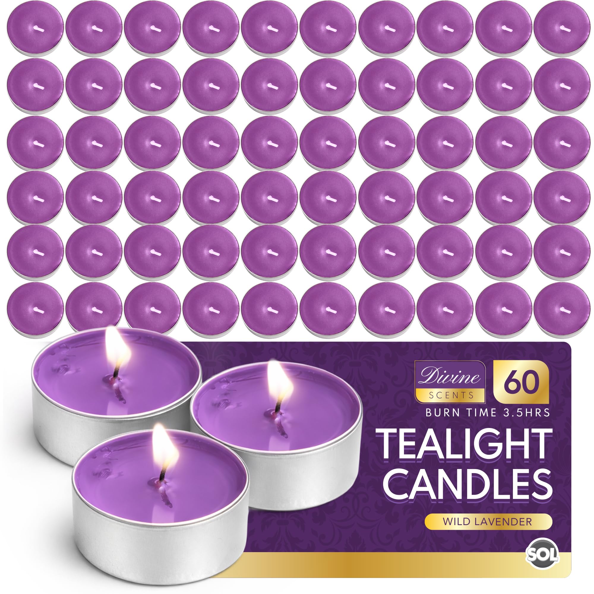SOL 60pk Wild Lavender Scented Tea Light Candles Long Burning – 3.5 Hour Burn Time, Ideal for Home, Relaxation, Spa, Massage, Romantic Dinners, Weddings & Anniversaries, Festive Decor & Cosy Evenings
