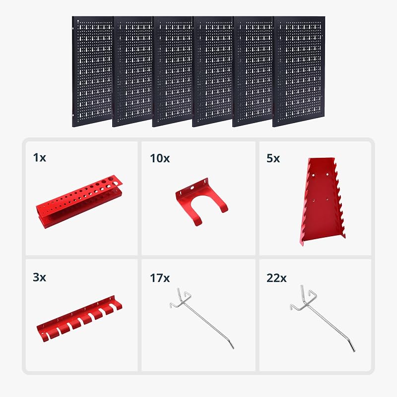 Panel para Herramientas, 6 Paneles Perforados, Negro/Rojo
